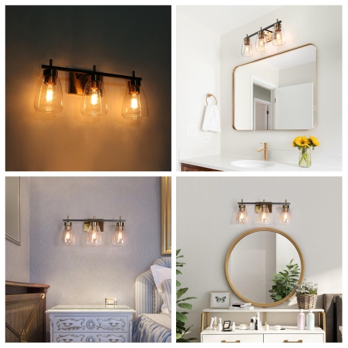 Modern Gold Bathroom Vanity Light, 22 in. 3-Light Black and Brass Gold Wall Sconce with Seeded Glass Shades