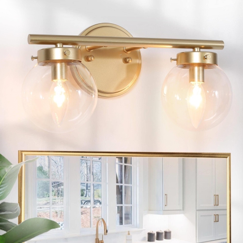 Modern Farmhouse Bathroom Vanity Light, 14-in 2-Light Gold Globe LED Modern/Contemporary Vanity Light
