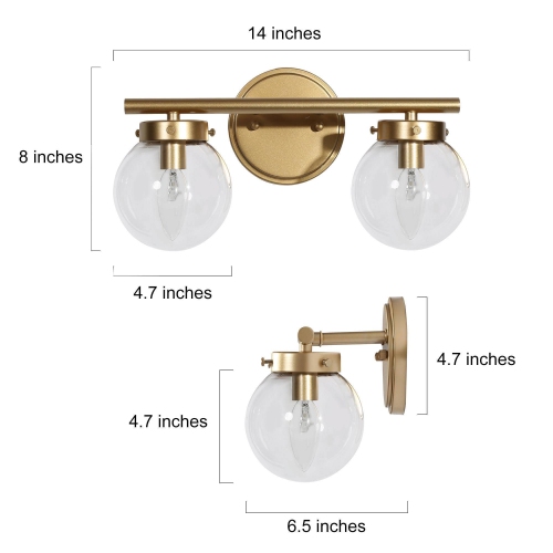 Modern Farmhouse Bathroom Vanity Light, 14-in 2-Light Gold Globe LED Modern/Contemporary Vanity Light