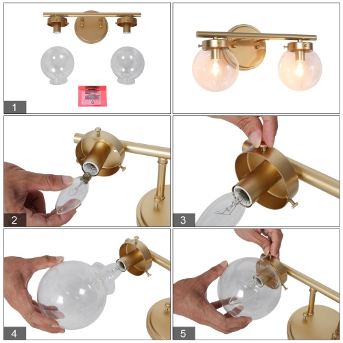 Modern Farmhouse Bathroom Vanity Light, 14-in 2-Light Gold Globe LED Modern/Contemporary Vanity Light