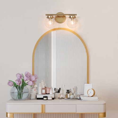 Modern Farmhouse Bathroom Vanity Light, 14-in 2-Light Gold Globe LED Modern/Contemporary Vanity Light