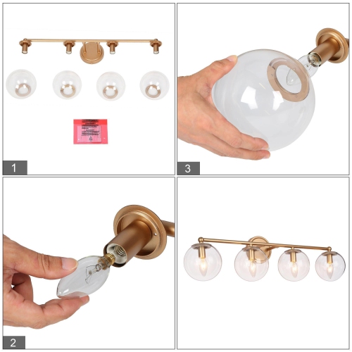 Modern Globe Bedroom Wall Lights, 29.5-in 4-Light Brass Gold In Globe Dimmable LED Modern/Contemporary Vanity Light