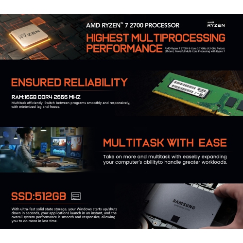 H.E. AMD Ryzen7 Desktop Computer, Ryzen7 2700 16 Threads, 4.10 GHz, 16GB DDR4, Geforce GT 710 2GB GDDR5, 512 GB SSD, USB 3, Win 10 Pro