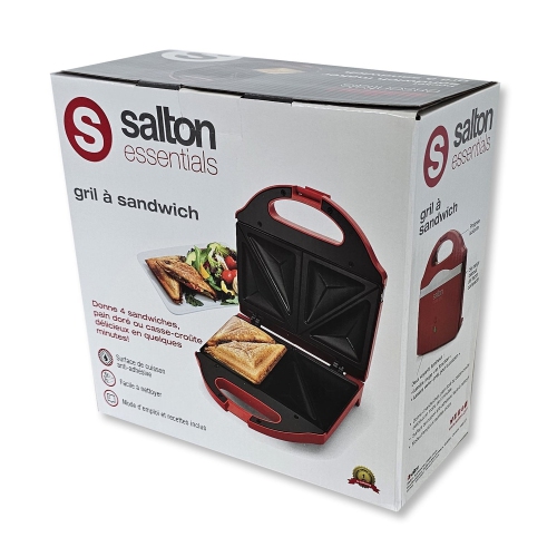 Salton Essentials - Compact Sandwich Grill with Non-Stick Cooking Surface, Red
