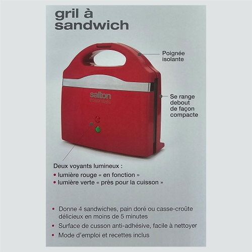 Salton Essentials - Compact Sandwich Grill with Non-Stick Cooking Surface, Red