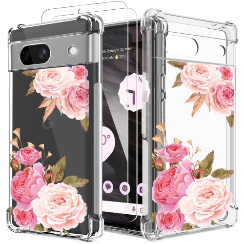 Étui floral transparent pour Pixel 7a avec 2 protecteurs d’écran pour femmes/filles, étui Flower Phone pour Google Pixel 7a, joli étui souple
