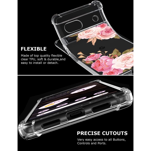 Étui floral transparent pour Pixel 7a avec 2 protecteurs d’écran pour femmes/filles, étui Flower Phone pour Google Pixel 7a, joli étui souple