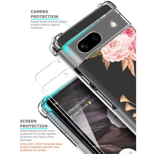 Étui floral transparent pour Pixel 7a avec 2 protecteurs d’écran pour femmes/filles, étui Flower Phone pour Google Pixel 7a, joli étui souple