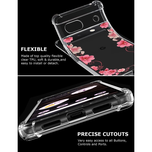 Floral Clear Case for Pixel 7a with 2 Screen Protector for Women/Girls,Flower Phone Cover for Google Pixel 7a,Pretty Design Soft Cute Drop Proof