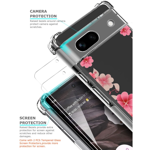 Floral Clear Case for Pixel 7a with 2 Screen Protector for Women/Girls,Flower Phone Cover for Google Pixel 7a,Pretty Design Soft Cute Drop Proof