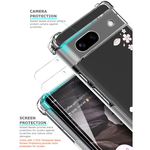 Floral Clear Case for Pixel 7a with 2 Screen Protector for Women/Girls,Flower Phone Cover for Google Pixel 7a,Pretty Design Soft Cute Drop Proof