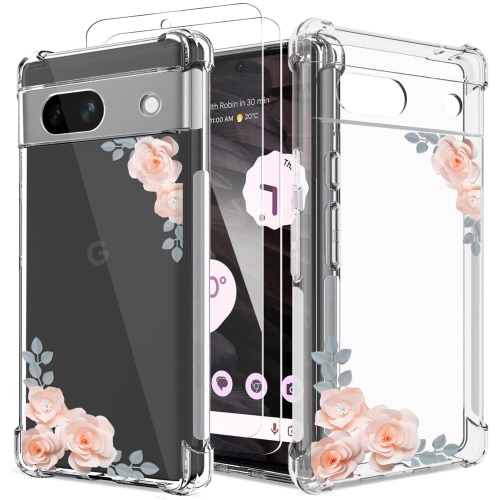 Étui floral transparent pour Pixel 7a avec 2 protecteurs d’écran pour femmes/filles, étui Flower Phone pour Google Pixel 7a, joli étui protecteur