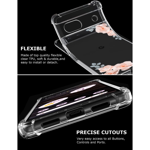 Floral Clear Case for Pixel 7a with 2 Screen Protector for Women/Girls,Flower Phone Cover for Google Pixel 7a,Pretty Design Soft Cute Drop Proof