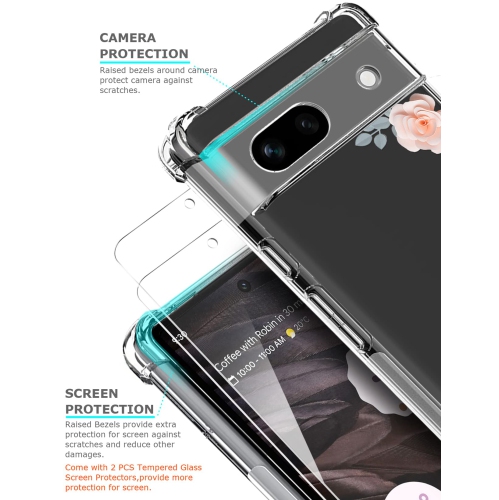 Floral Clear Case for Pixel 7a with 2 Screen Protector for Women/Girls,Flower Phone Cover for Google Pixel 7a,Pretty Design Soft Cute Drop Proof