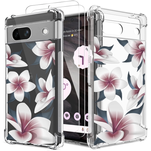 Étui floral transparent pour Pixel 7a avec 2 protecteurs d’écran pour femmes/filles, étui Flower Phone pour Google Pixel 7a, joli étui protecteur