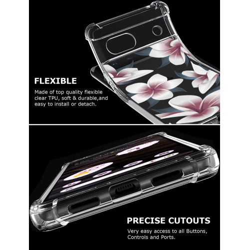 Étui floral transparent pour Pixel 7a avec 2 protecteurs d’écran pour femmes/filles, étui Flower Phone pour Google Pixel 7a, joli étui protecteur