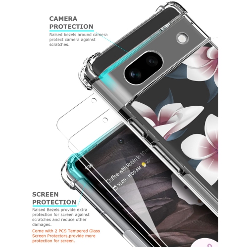 Étui floral transparent pour Pixel 7a avec 2 protecteurs d’écran pour femmes/filles, étui Flower Phone pour Google Pixel 7a, joli étui protecteur