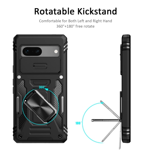 Google Pixel 7A Case with Slide Camera Cover Drop Tested Military Grade Heavy Duty Protective Durable Sturdy Rotate Ring Kickstand Phone Case for