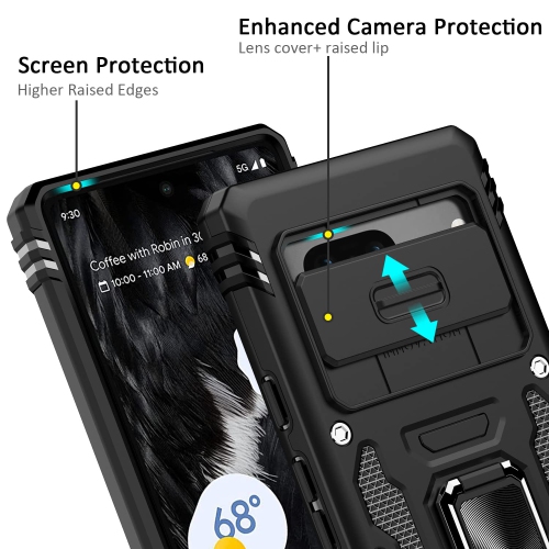 Google Pixel 7A Case with Slide Camera Cover Drop Tested Military Grade Heavy Duty Protective Durable Sturdy Rotate Ring Kickstand Phone Case for