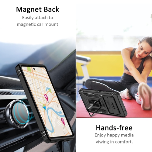 Google Pixel 7A Case with Slide Camera Cover Drop Tested Military Grade Heavy Duty Protective Durable Sturdy Rotate Ring Kickstand Phone Case for