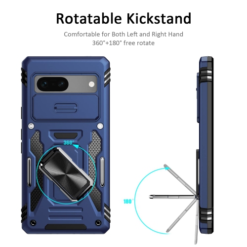 Google Pixel 7A Case with Slide Camera Cover Drop Tested Military Grade Heavy Duty Protective Durable Sturdy Rotate Ring Kickstand Phone Case for