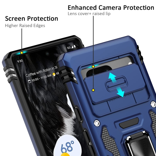 Google Pixel 7A Case with Slide Camera Cover Drop Tested Military Grade Heavy Duty Protective Durable Sturdy Rotate Ring Kickstand Phone Case for