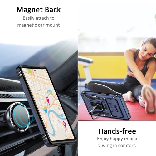 Google Pixel 7A Case with Slide Camera Cover Drop Tested Military Grade Heavy Duty Protective Durable Sturdy Rotate Ring Kickstand Phone Case for