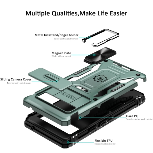 Google Pixel 7A Case with Slide Camera Cover Drop Tested Military Grade Heavy Duty Protective Durable Sturdy Rotate Ring Kickstand Phone Case for