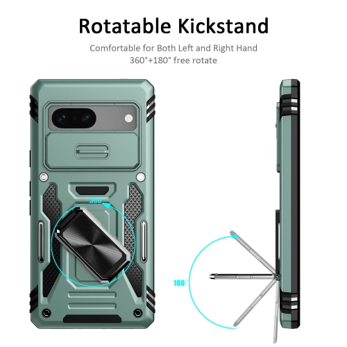 Google Pixel 7A Case with Slide Camera Cover Drop Tested Military Grade Heavy Duty Protective Durable Sturdy Rotate Ring Kickstand Phone Case for