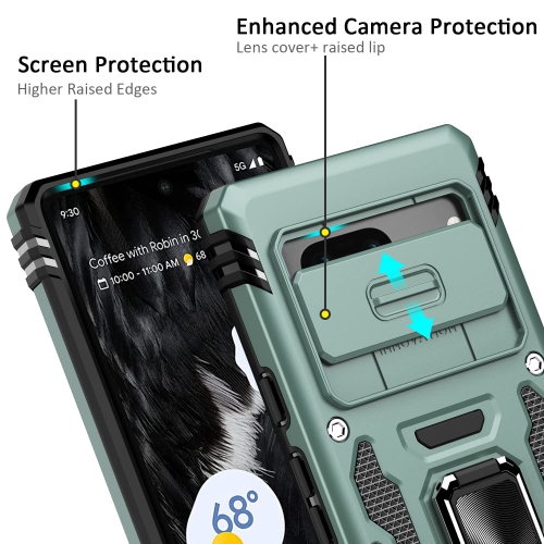 Google Pixel 7A Case with Slide Camera Cover Drop Tested Military Grade Heavy Duty Protective Durable Sturdy Rotate Ring Kickstand Phone Case for