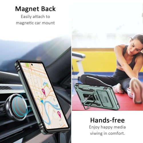 Google Pixel 7A Case with Slide Camera Cover Drop Tested Military Grade Heavy Duty Protective Durable Sturdy Rotate Ring Kickstand Phone Case for