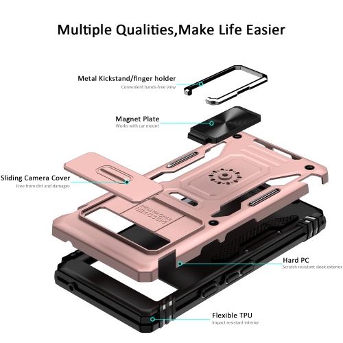 Google Pixel 7A Case with Slide Camera Cover Drop Tested Military Grade Heavy Duty Protective Durable Sturdy Rotate Ring Kickstand Phone Case for