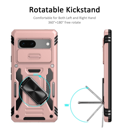 Google Pixel 7A Case with Slide Camera Cover Drop Tested Military Grade Heavy Duty Protective Durable Sturdy Rotate Ring Kickstand Phone Case for