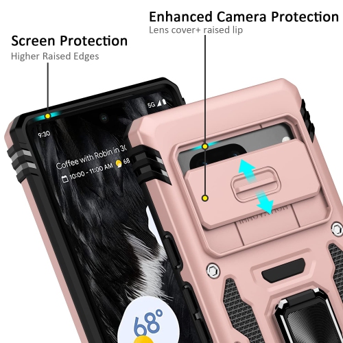 Google Pixel 7A Case with Slide Camera Cover Drop Tested Military Grade Heavy Duty Protective Durable Sturdy Rotate Ring Kickstand Phone Case for