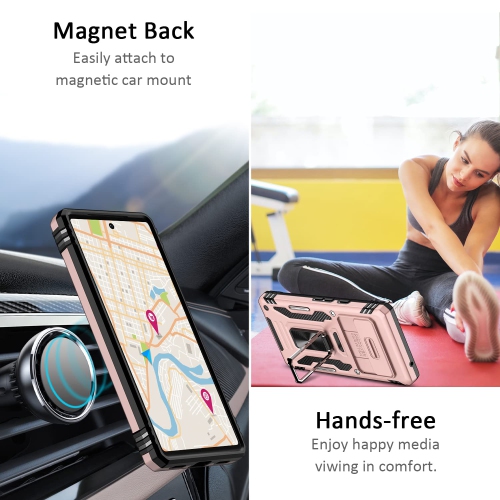 Google Pixel 7A Case with Slide Camera Cover Drop Tested Military Grade Heavy Duty Protective Durable Sturdy Rotate Ring Kickstand Phone Case for