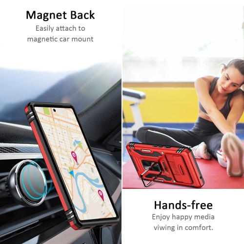 Google Pixel 7A Case with Slide Camera Cover Drop Tested Military Grade Heavy Duty Protective Durable Sturdy Rotate Ring Kickstand Phone Case for