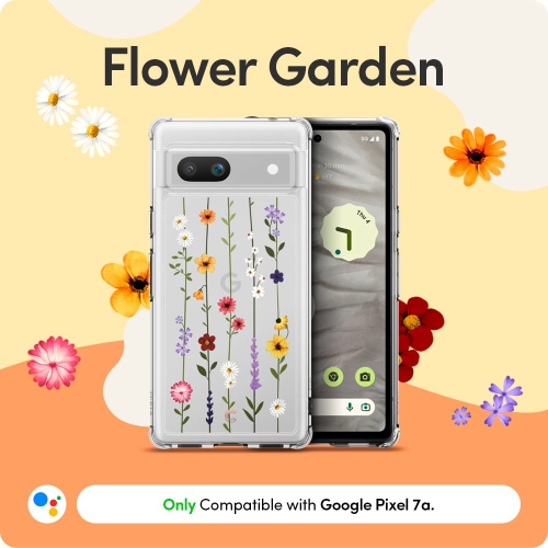 Compatible with Google Pixel 7a Case 5G, Clear with Cute Floral Design for Women, Slim Fit Profile - Flower Garden