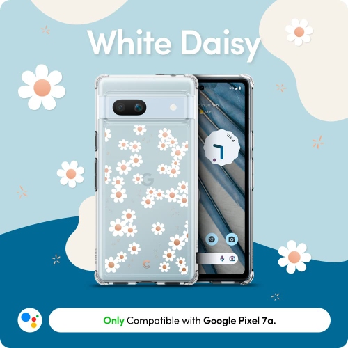 Compatible avec l’étui 5G pour Pixel 7a de Google, transparent avec cute Floral Design for Women, Slim Fit Profile - White Daisy