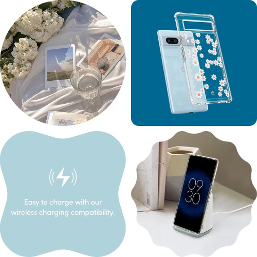 Compatible avec l’étui 5G pour Pixel 7a de Google, transparent avec cute Floral Design for Women, Slim Fit Profile - White Daisy