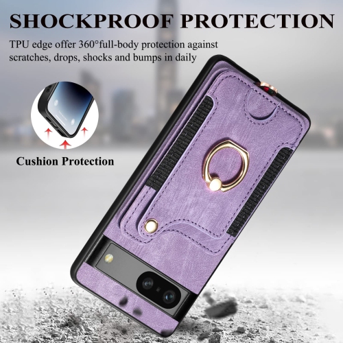 Leather Case for Google Pixel 7A with Card Holder, RFID Blocking Protective Purse Cover with Grip Ring Stand & Adjustable Wristlet Strap, Durable