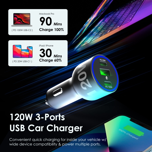 Rexing 120W Vehicle Quick Charger with 2 USB-C & 1 USB Port Compatible with iPhone and Samsung Note - Gray