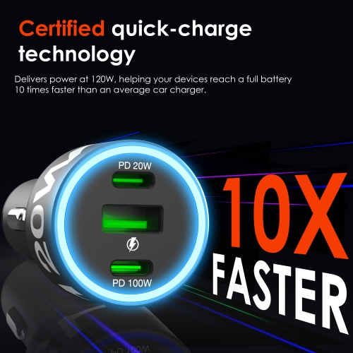 Rexing 120W Vehicle Quick Charger with 2 USB-C & 1 USB Port Compatible with iPhone and Samsung Note - Gray