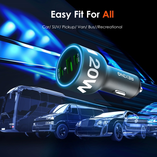 Rexing 120W Vehicle Quick Charger with 2 USB-C & 1 USB Port Compatible with iPhone and Samsung Note - Gray