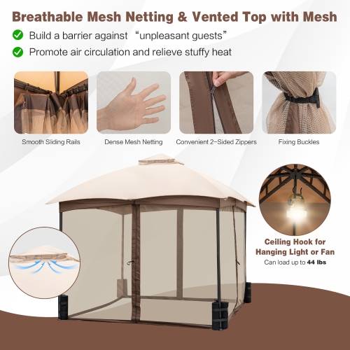 Costway 10x10 FT 2-Tier Patio Gazebo Canopy Netting Heavy-Duty Metal Easy-Setup Outdoor