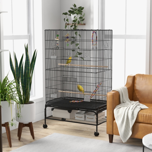 PawHut 63" Bird Cage for Budgies Cockatiels Canaries Lovebirds Finches with Rolling Stand, Toys, Removable Tray, Storage Shelf, Black