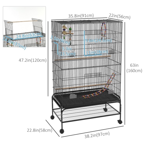 PawHut 63" Bird Cage for Budgies Cockatiels Canaries Lovebirds Finches with Rolling Stand, Toys, Removable Tray, Storage Shelf, Black