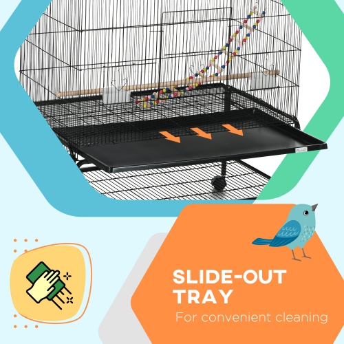 PawHut 63" Bird Cage for Budgies Cockatiels Canaries Lovebirds Finches with Rolling Stand, Toys, Removable Tray, Storage Shelf, Black