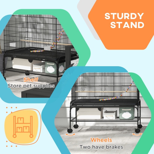 PawHut 63" Bird Cage for Budgies Cockatiels Canaries Lovebirds Finches with Rolling Stand, Toys, Removable Tray, Storage Shelf, Black