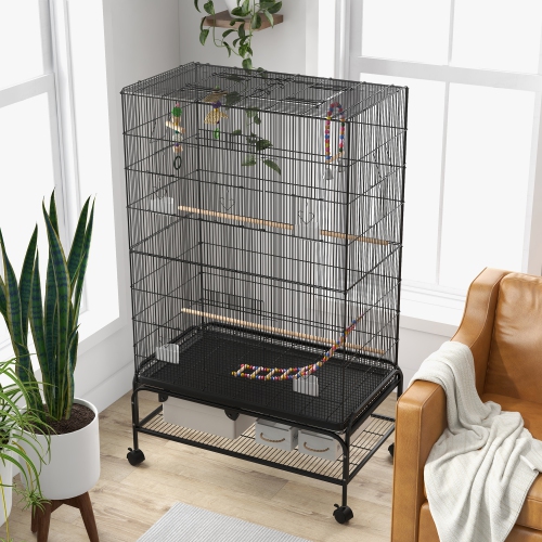 PawHut 63" Bird Cage for Budgies Cockatiels Canaries Lovebirds Finches with Rolling Stand, Toys, Removable Tray, Storage Shelf, Black