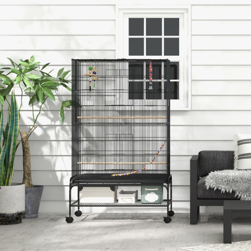 PawHut 63" Bird Cage for Budgies Cockatiels Canaries Lovebirds Finches with Rolling Stand, Toys, Removable Tray, Storage Shelf, Black